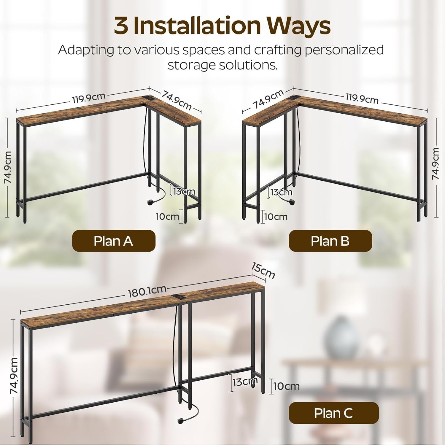 Slim L-Shaped Console Table with USB Ports & Power Outlet – Space Saver