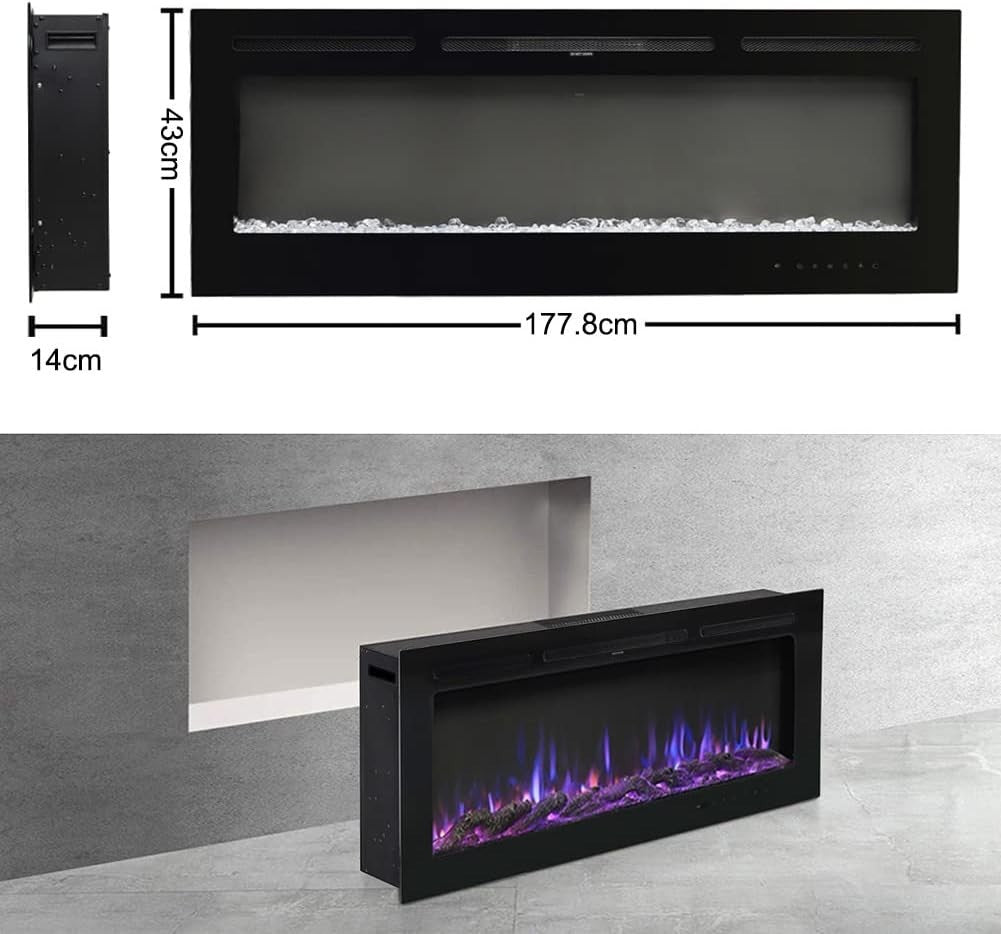 70" Wall Electric Fireplace Insert LED Crystal Flame Heater Remote