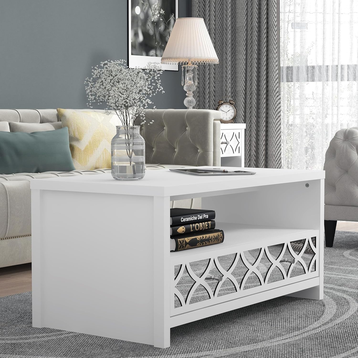 Modern Mirrored Coffee Table with Drawer – Space-Saving White Storage