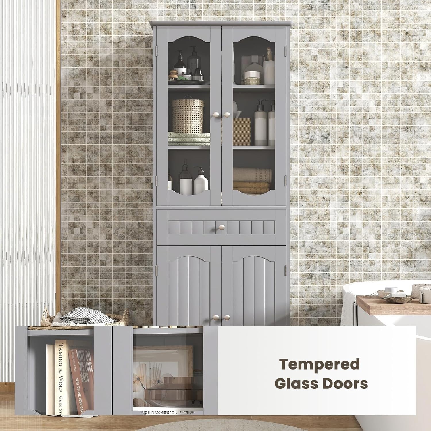 Tall Bathroom Cabinet Grey Freestanding Storage Cupboard 4-Door Drawer