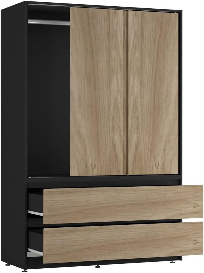 Oak Sliding Door Wardrobe with 4 Drawers & Hanging Rail - Space Saving