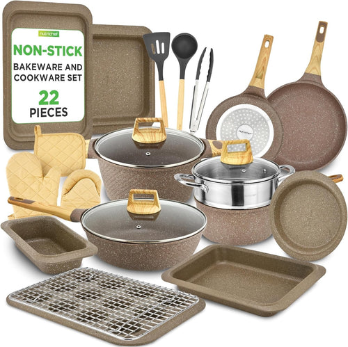 22pcs Maroon Marble Non Stick Cookware & Bakeware Set, PFOA-Free Marble Coating