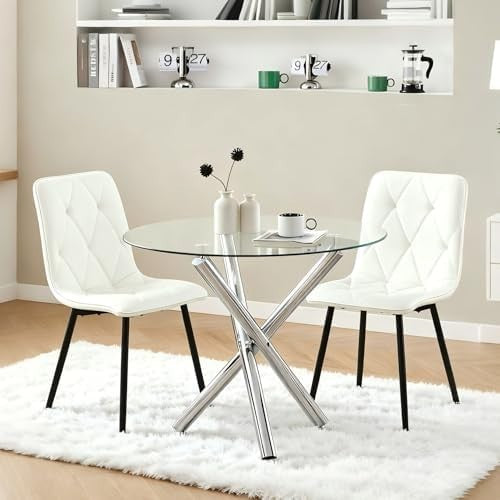 Round Glass Dining Table Set 2 Seater 90cm Space Saving Kitchen Dining