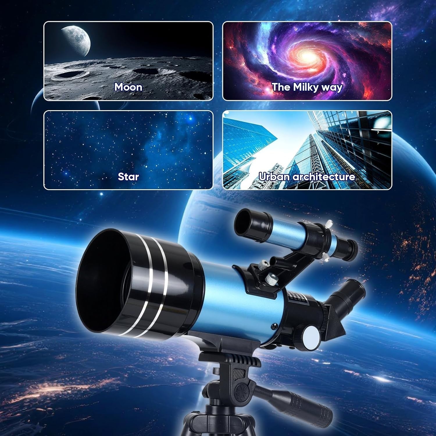 70mm Astronomy Refractor Telescope for Kids & Adults with Tripod - Blue
