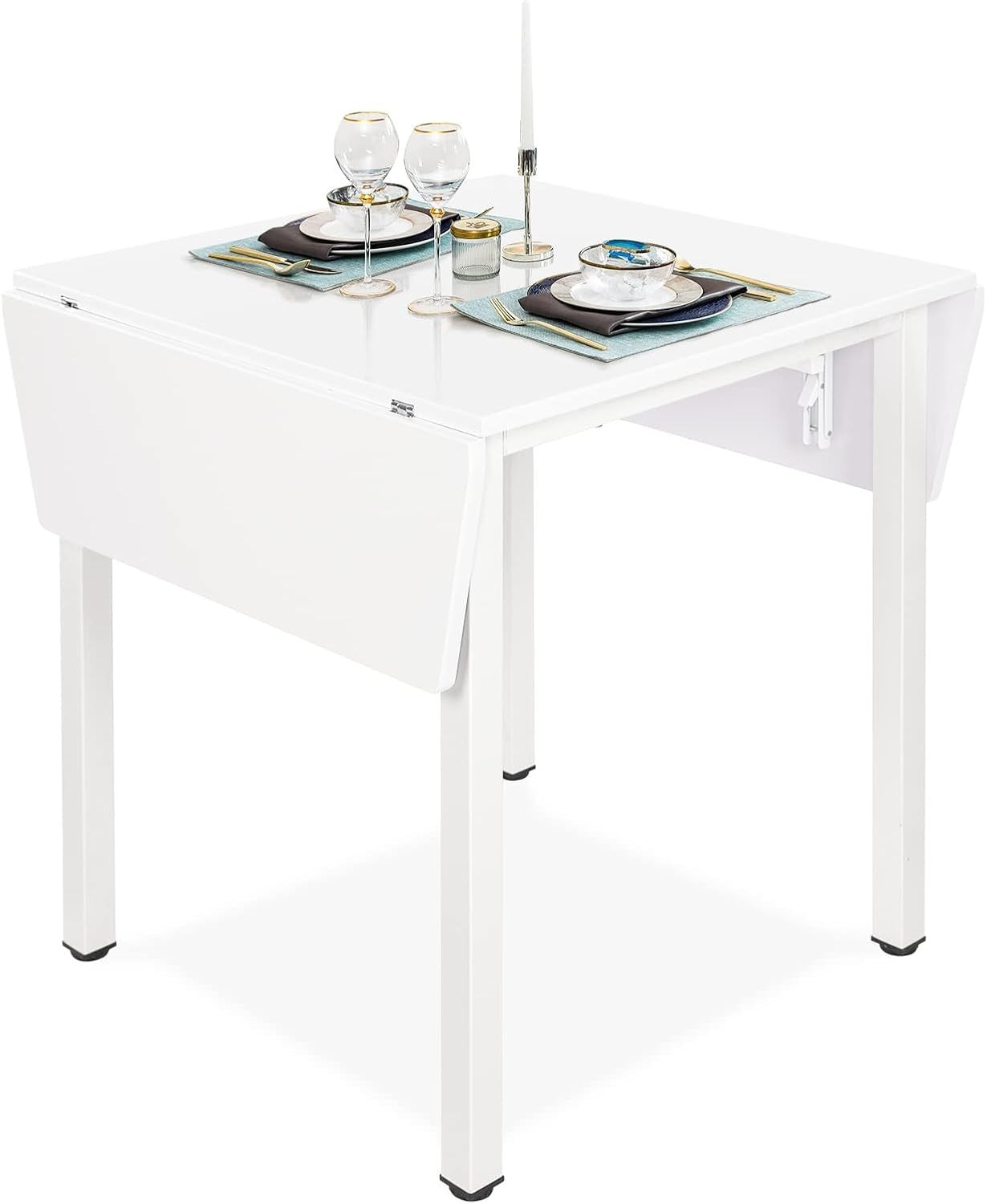 Space-Saving White Drop Leaf Dining Table & 4 Grey PU Leather Chairs Set