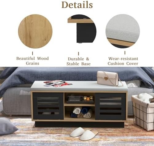 6-Compartment Natural + Black Shoe Bench with Cushion & Adjustable Shelves