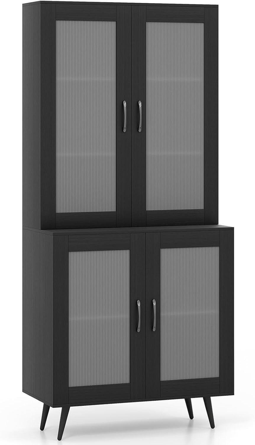 5-Tier Kitchen Cupboard Black with 4 Doors Adjustable Shelf Storage