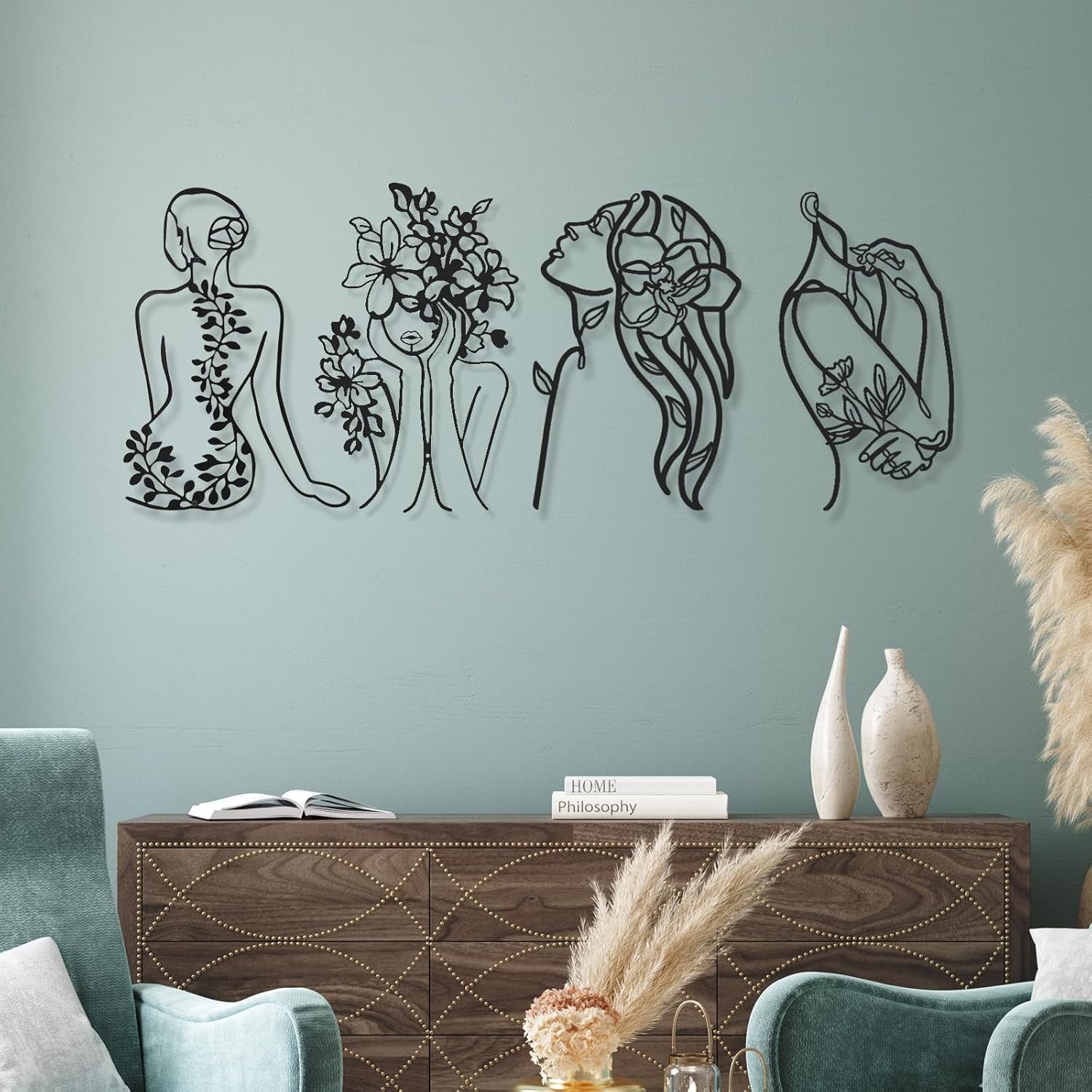 Black Metal Wall Art Set 4 Minimalist Woman Line Sculptures