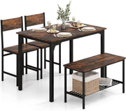 Rustic Brown Industrial Dining Set with Bench & Storage Shelf – Seats 4