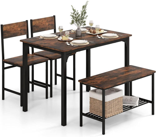 Rustic Brown Industrial Dining Set with Bench & Storage Shelf – Seats 4