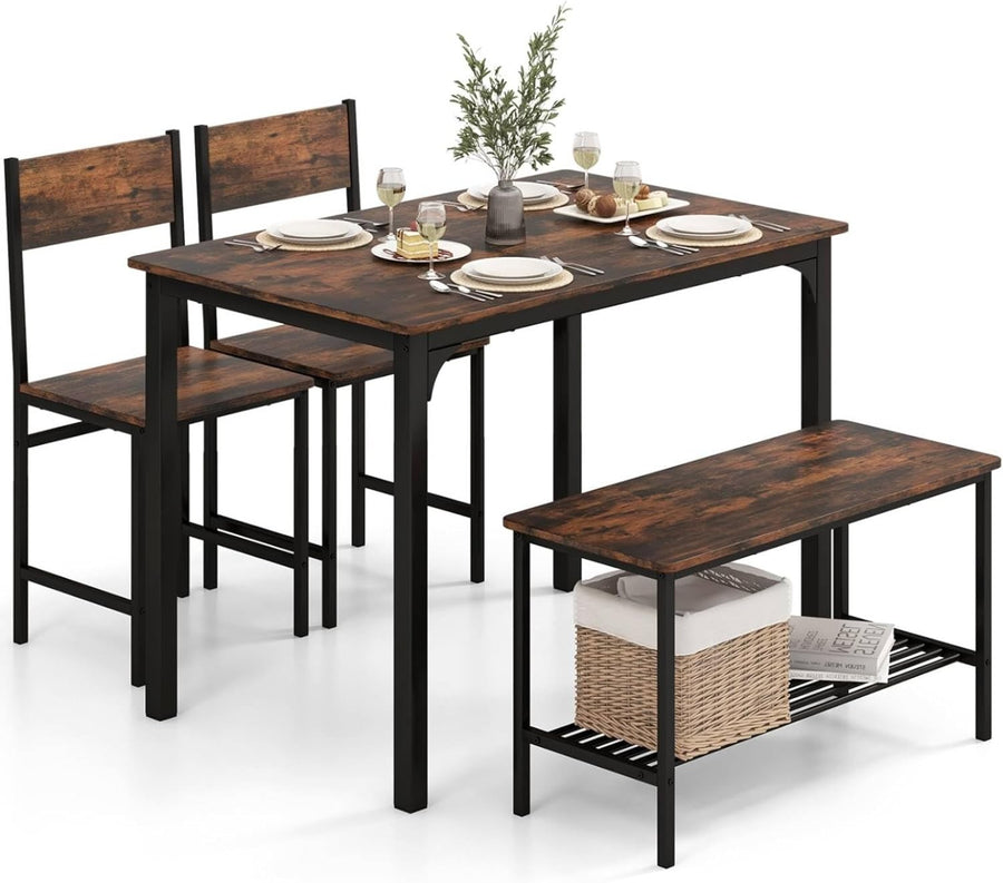 Rustic Brown Industrial Dining Set with Bench & Storage Shelf – Seats 4