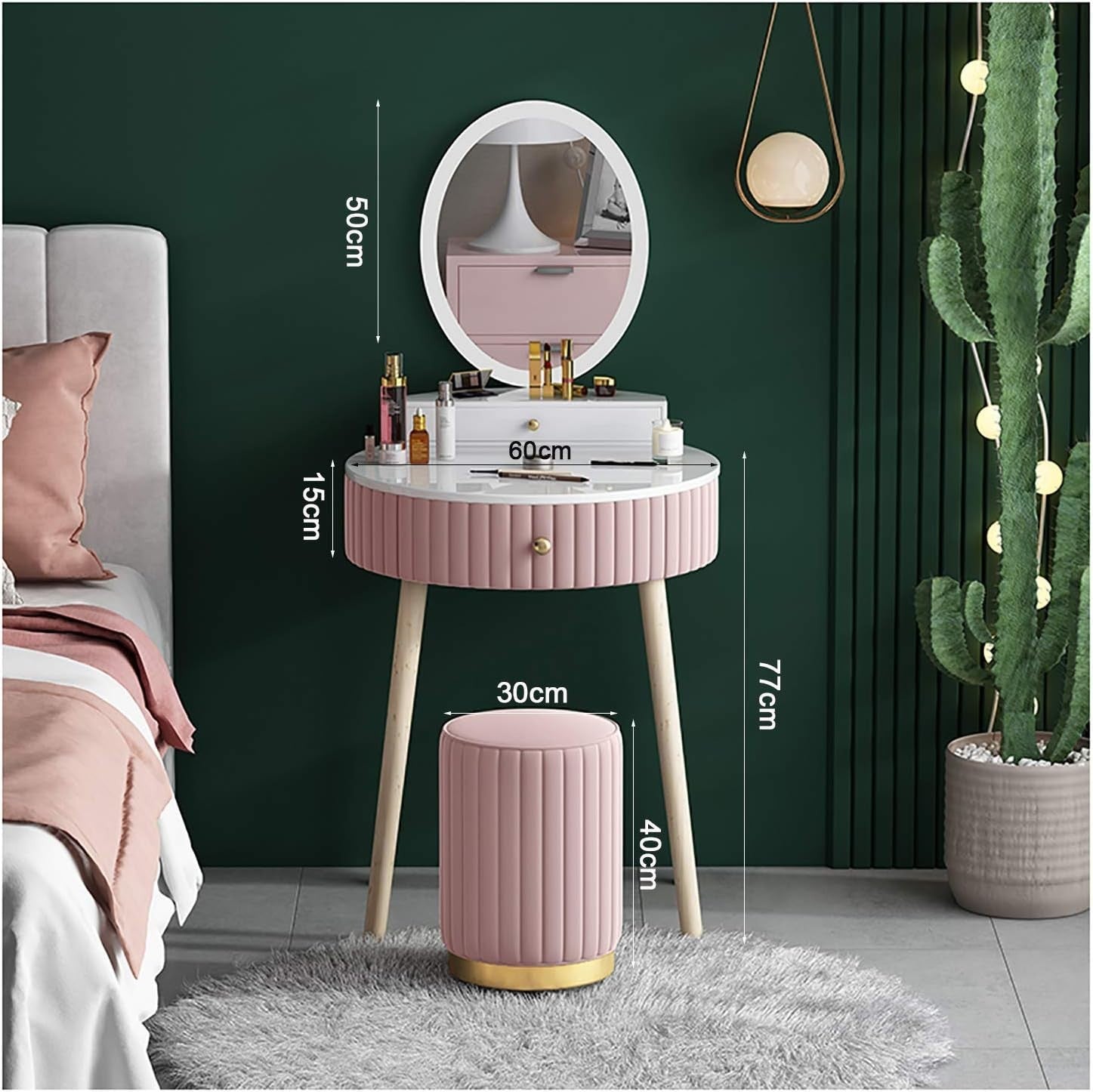 Pink Vanity Dressing Table Set Marble Top Velvet Drawers Metal Frame Stool