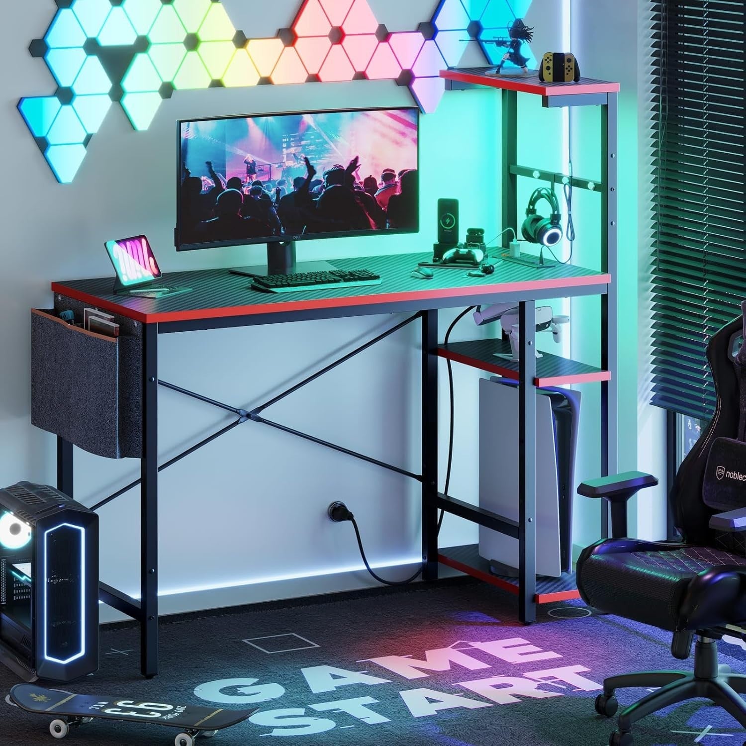 113cm Corner Computer Desk with LED Lights & Power Outlets