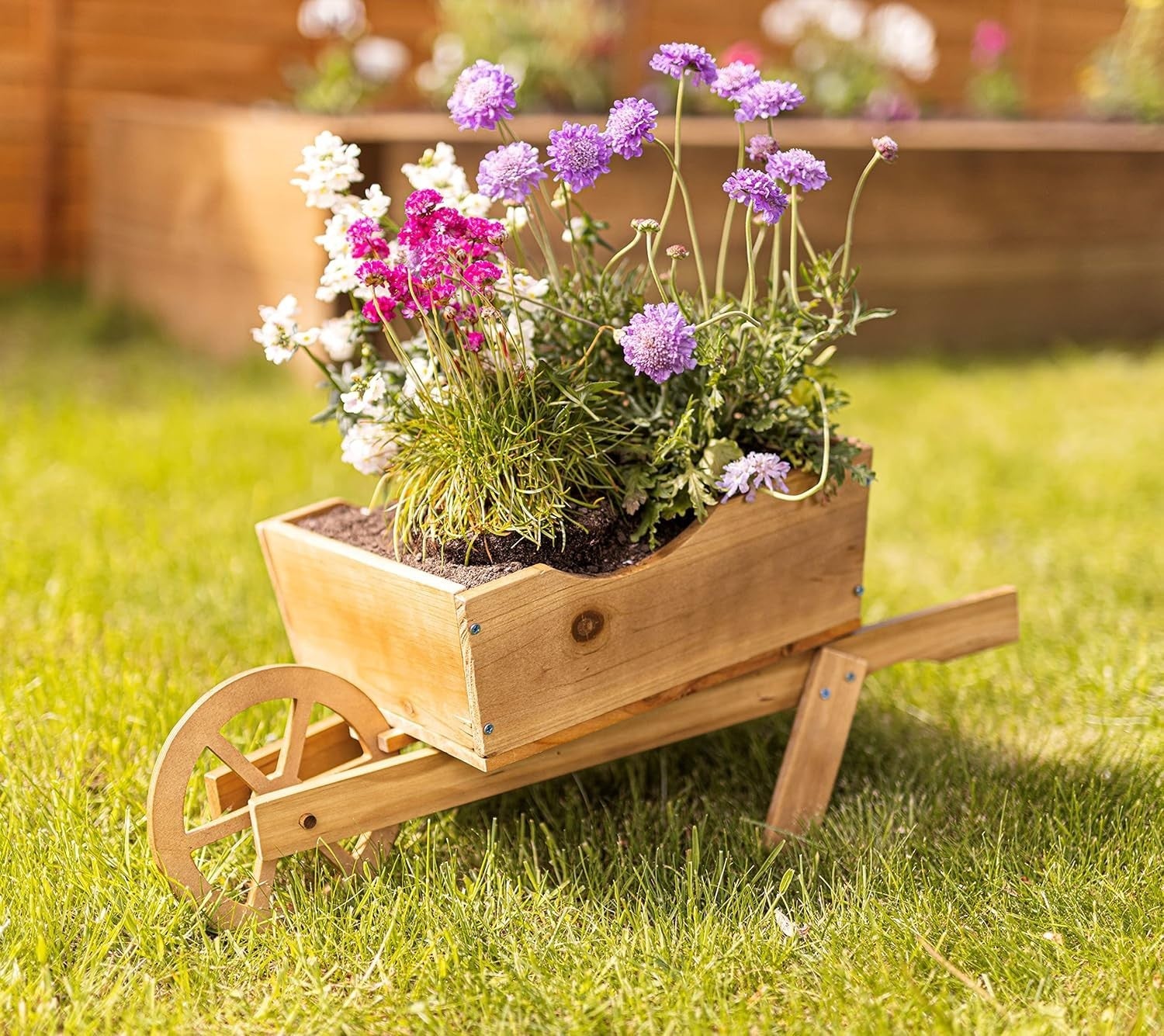 Large Wooden Wheelbarrow Planter – Pine Wood Garden Flower Box Rustic Decor