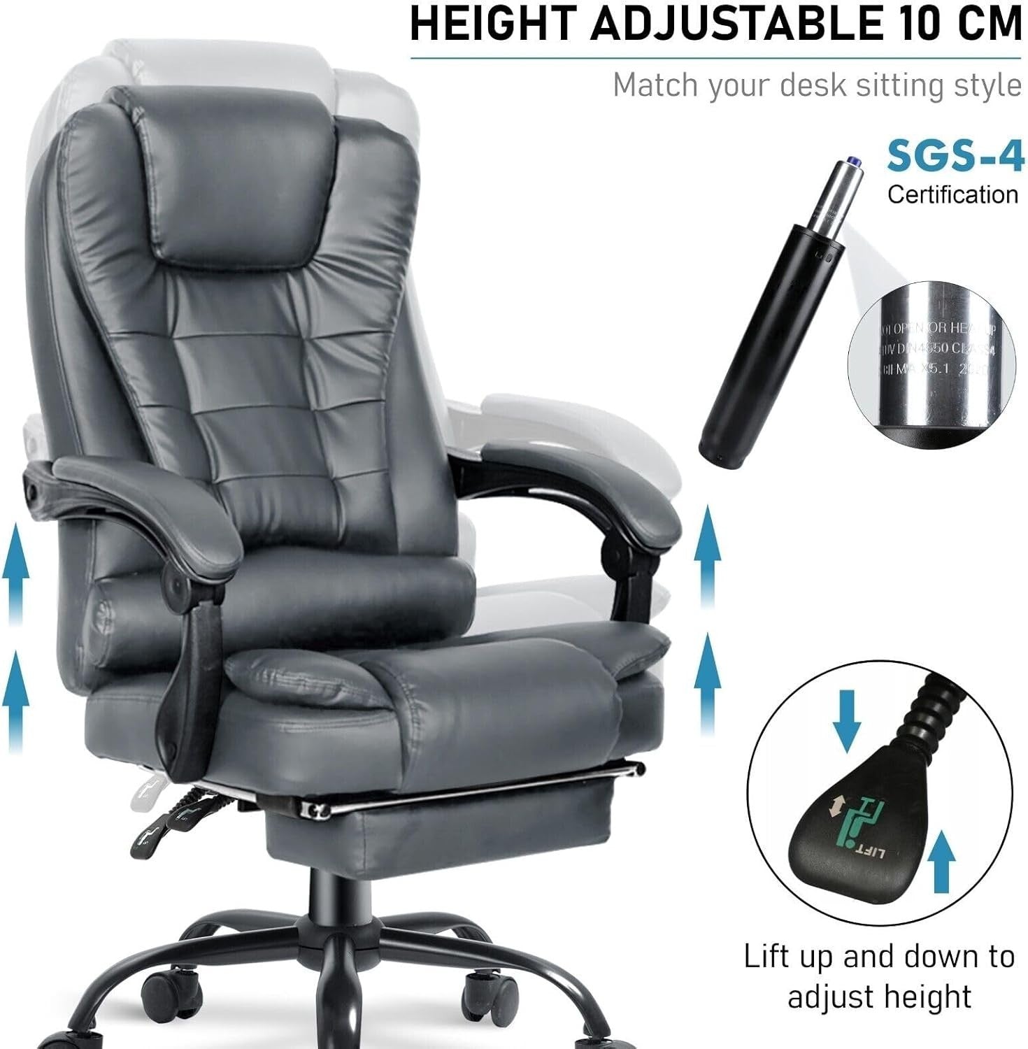 Executive Office Chair Massage Grey Faux Leather Adjustable Swivel Gaming Seat