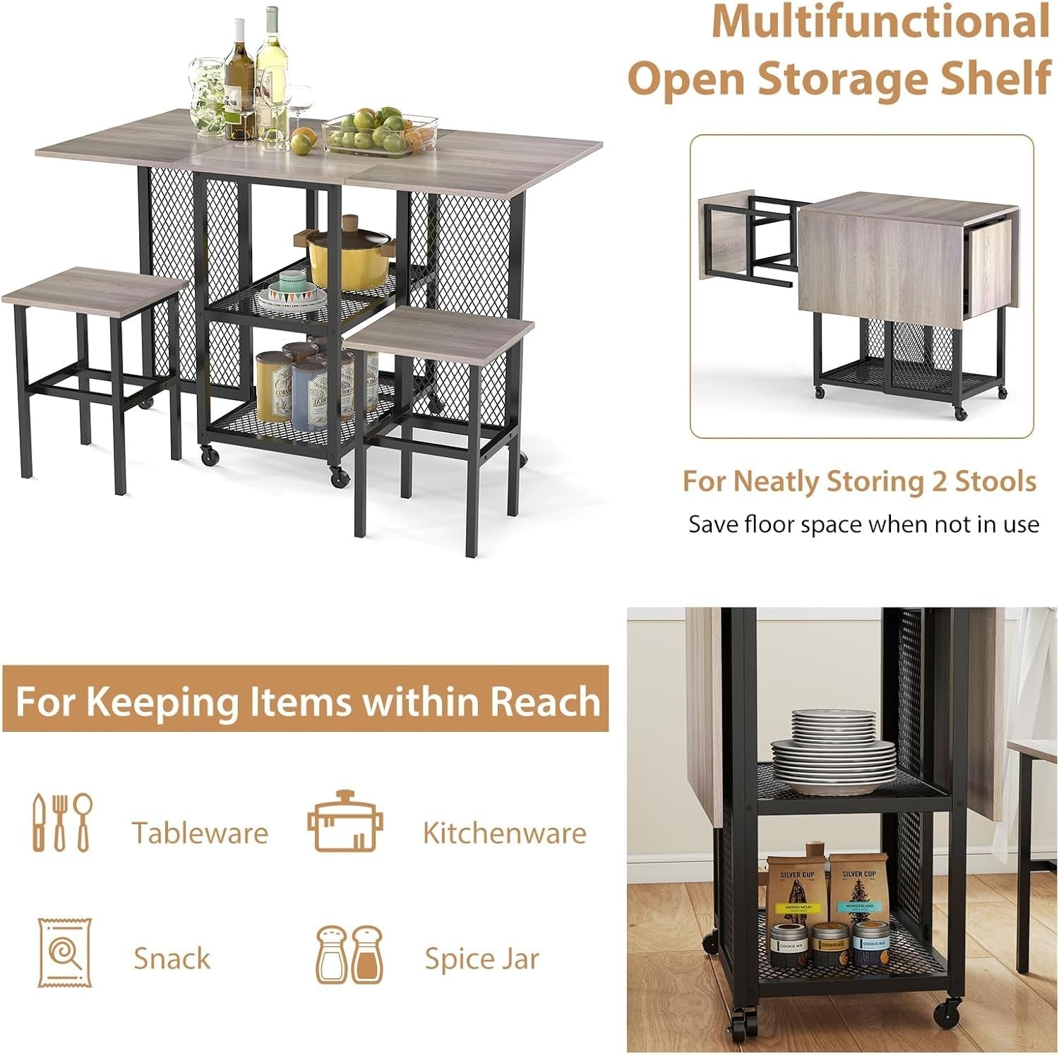 Compact Folding Dining Table Set with Stools & Storage Shelves 120cm