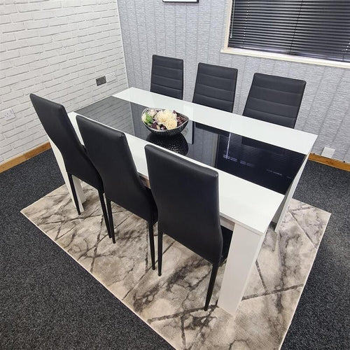 6 Seater Dining Table Set White Black Chairs Modern Kitchen Room MDF 140cm