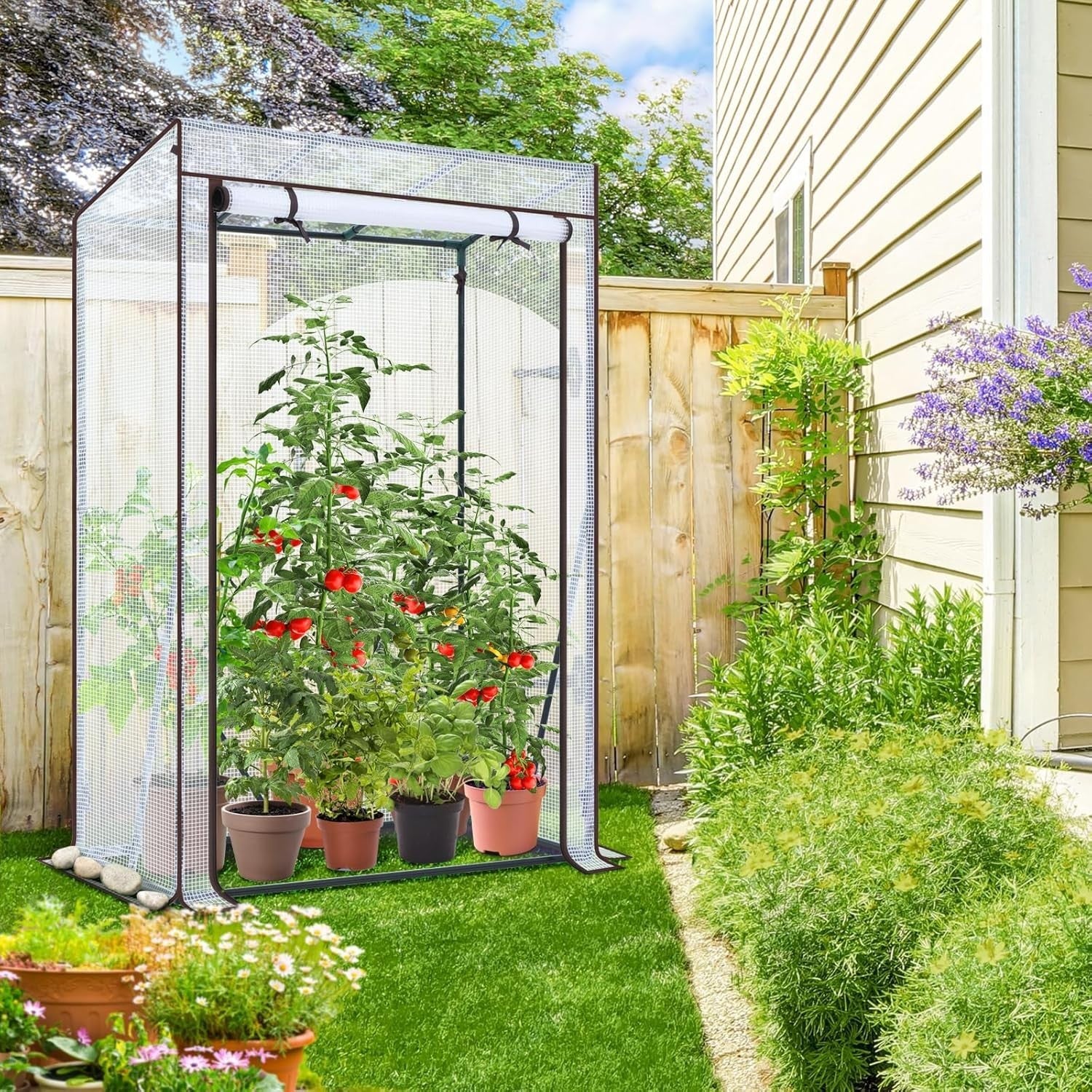 Walk-In Greenhouse with Roll-Up Door | Waterproof PE Cover | Heavy Duty