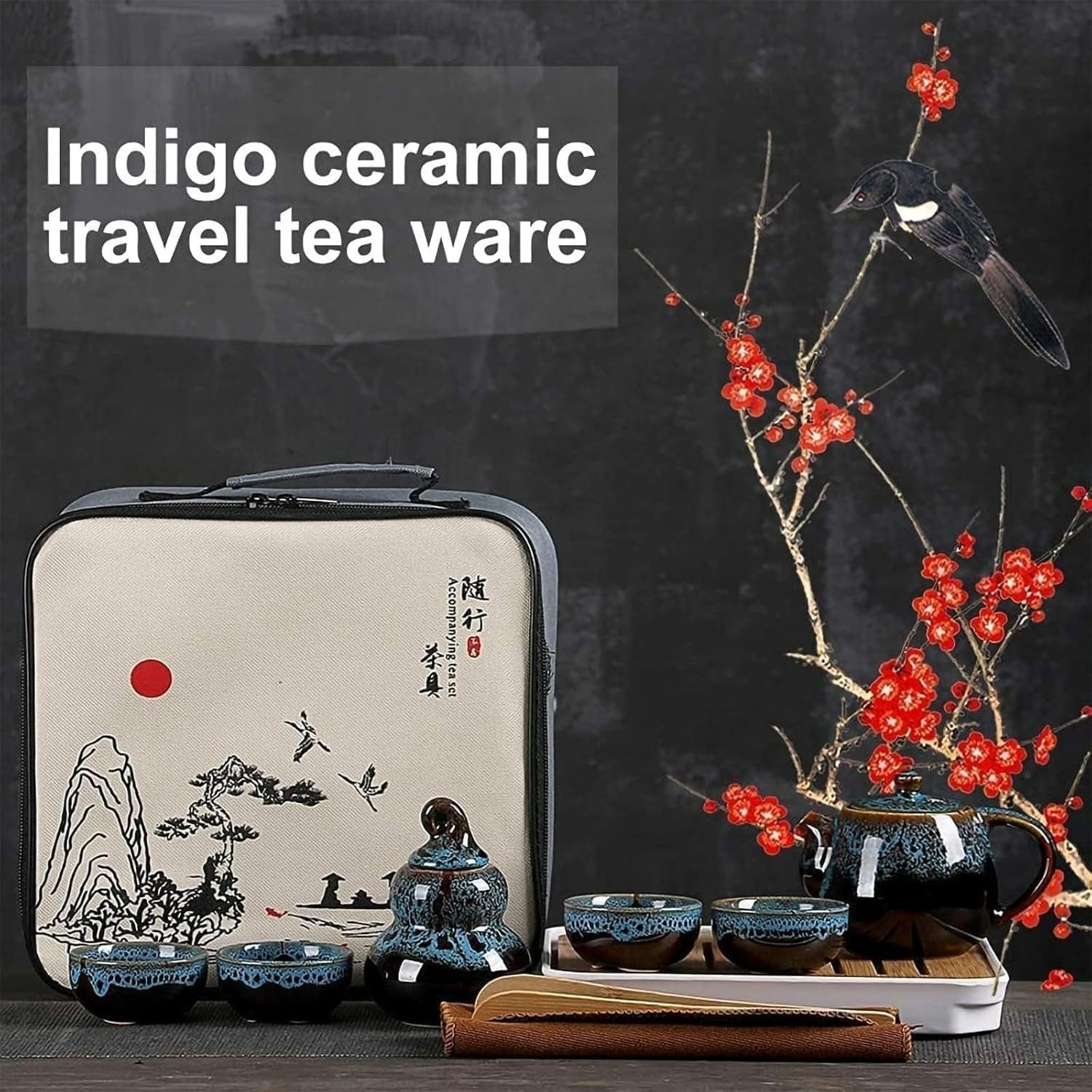 Portable Porcelain Kung Fu Tea Set Travel Teapot Cups Bamboo Tray Bag
