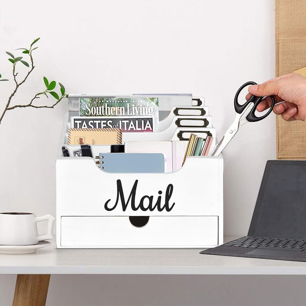 Wood Desktop Mail Organizer with Drawer 4 Compartment File Holder
