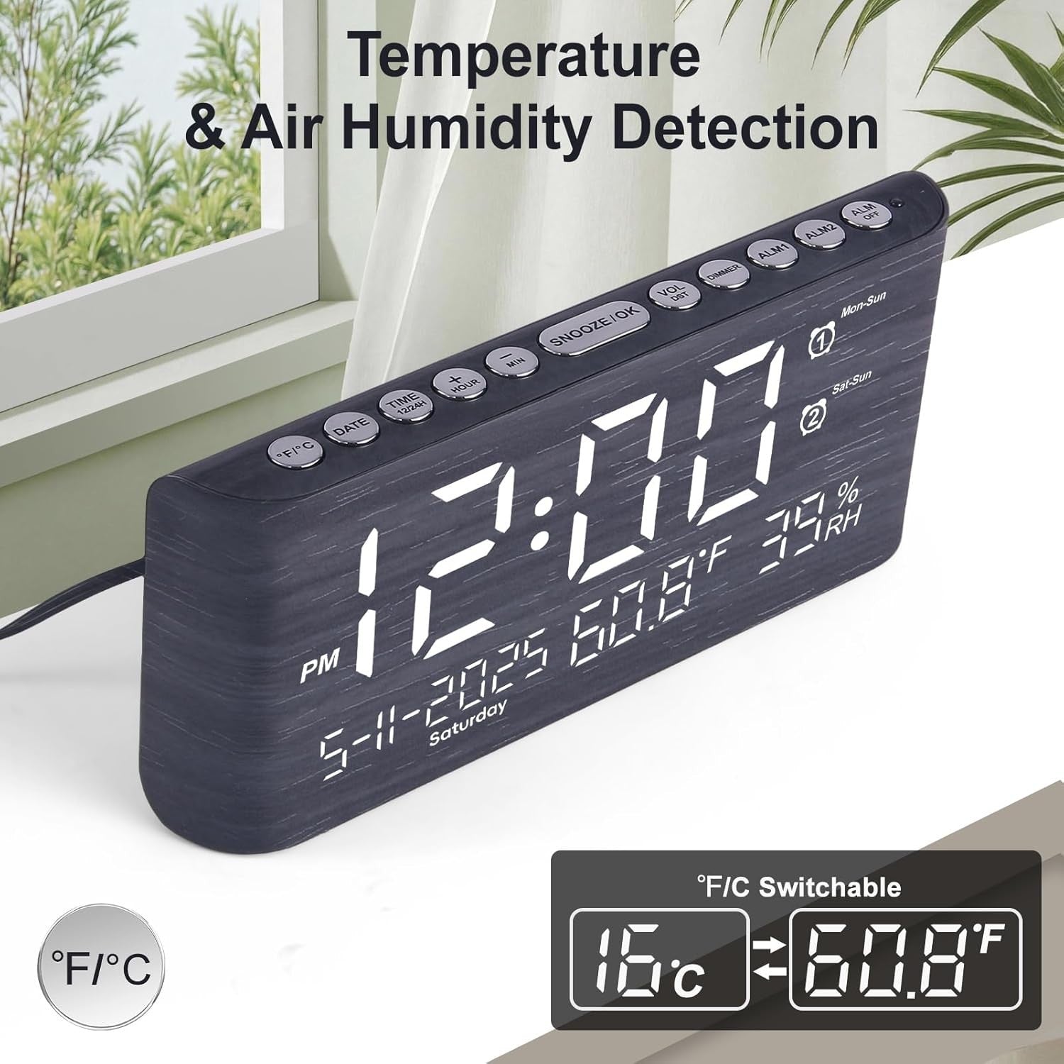 Large Digital Alarm Clock 8.7in Display Temperature Humidity USB Charger
