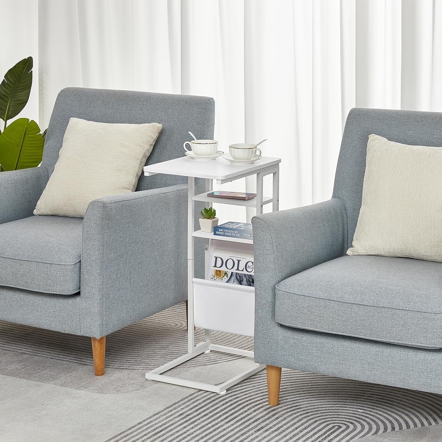 Slim C-Shaped End Table with Storage Bag | Adjustable Metal Frame, Space Saver