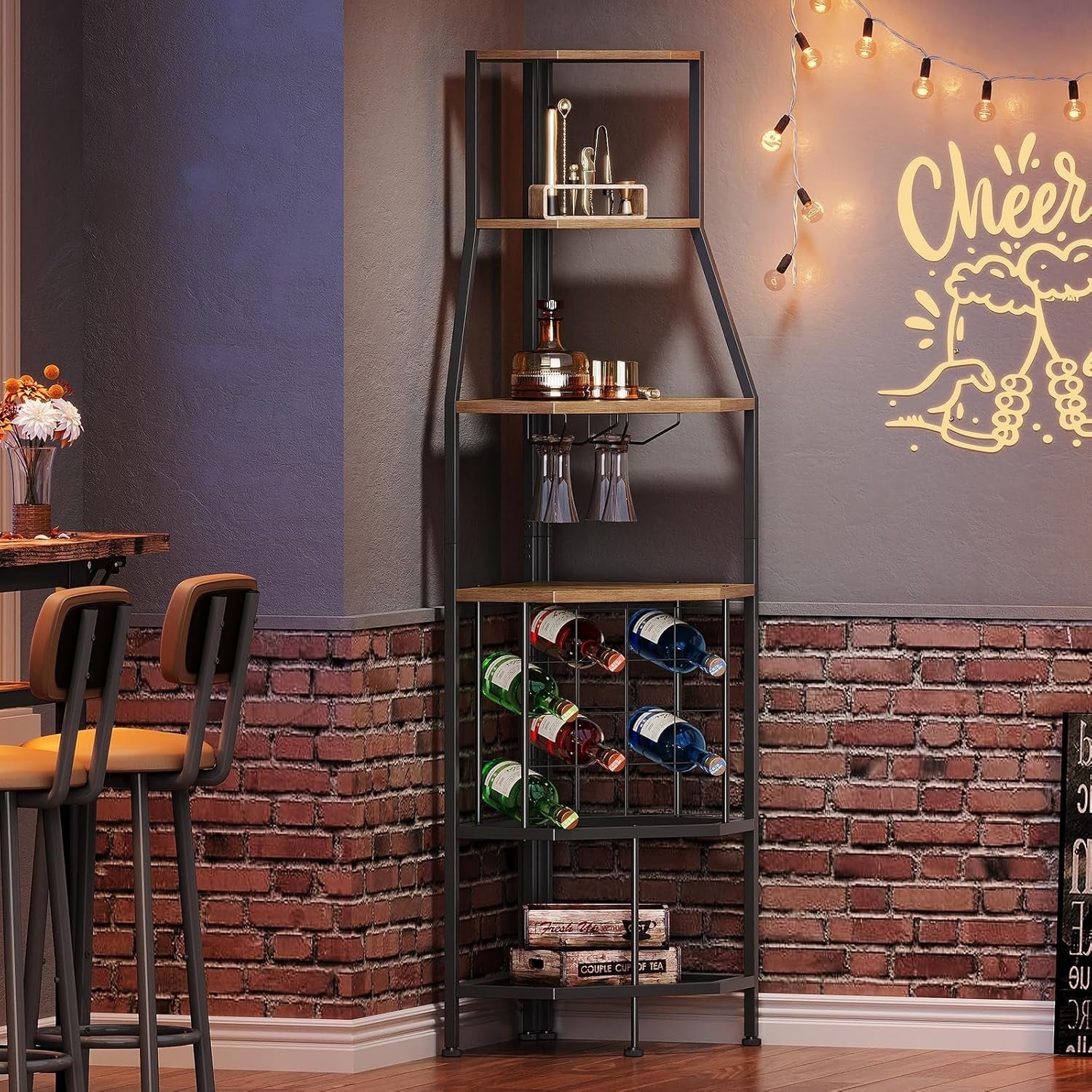 5-Tier Corner Wine Rack Bottle Storage Cabinet with Glass Holder Rustic Brown