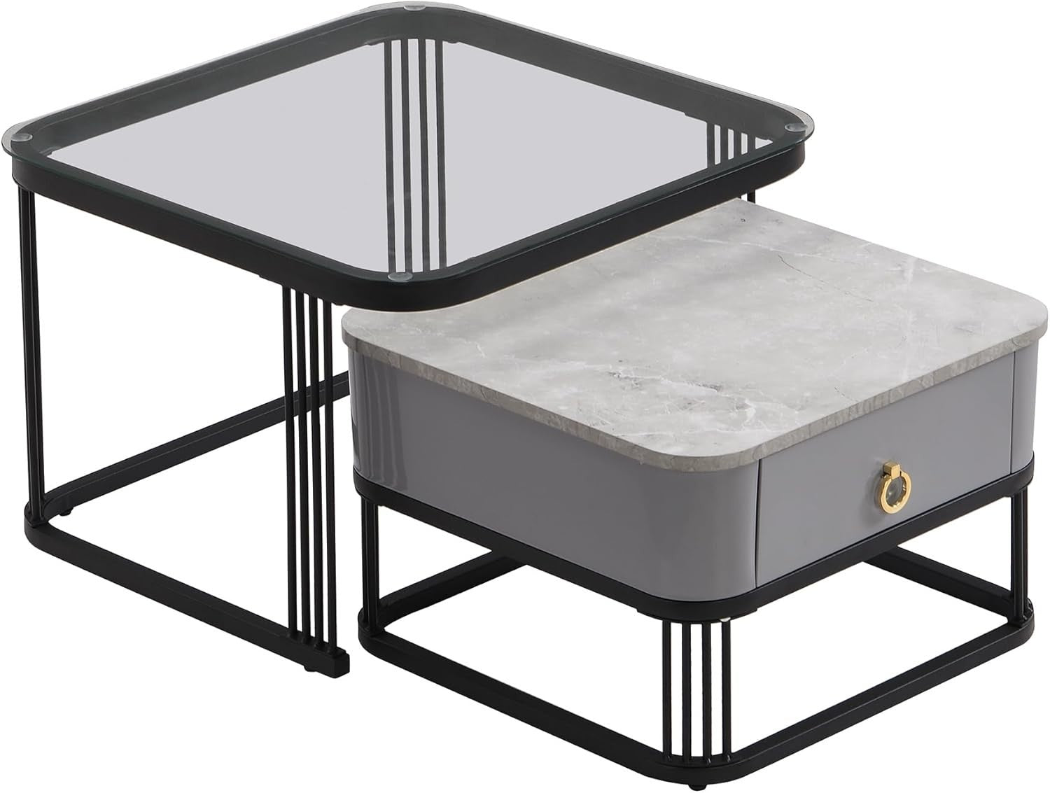 2x Nesting Coffee Tables Set Storage Drawer Marble Look & Glass Top Metal Frame