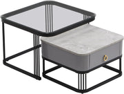 2x Nesting Coffee Tables Set Storage Drawer Marble Look & Glass Top Metal Frame