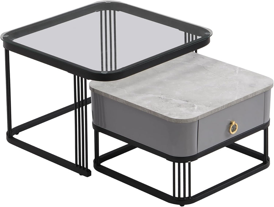 2x Nesting Coffee Tables Set Storage Drawer Marble Look & Glass Top Metal Frame
