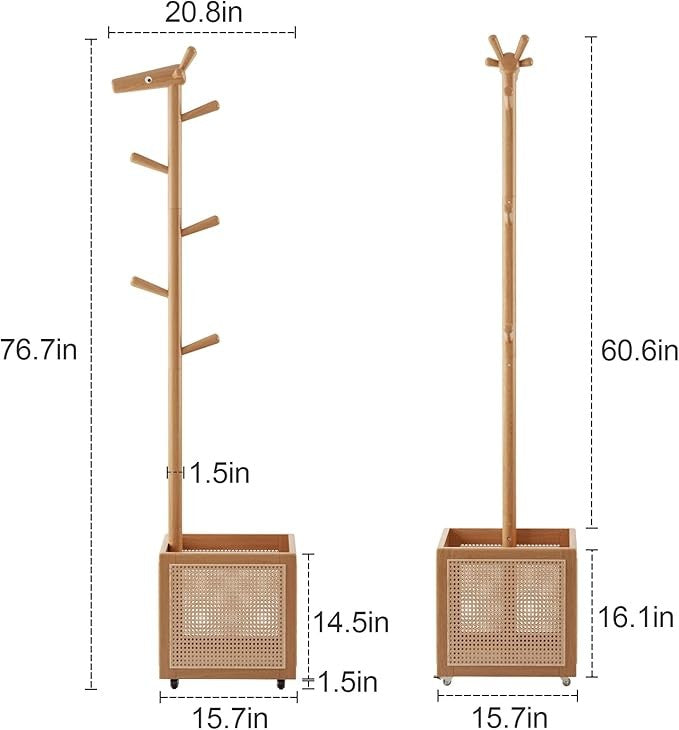 Wood Coat Rack with Storage Basket | 5 Hooks Freestanding Hall Tree Stand