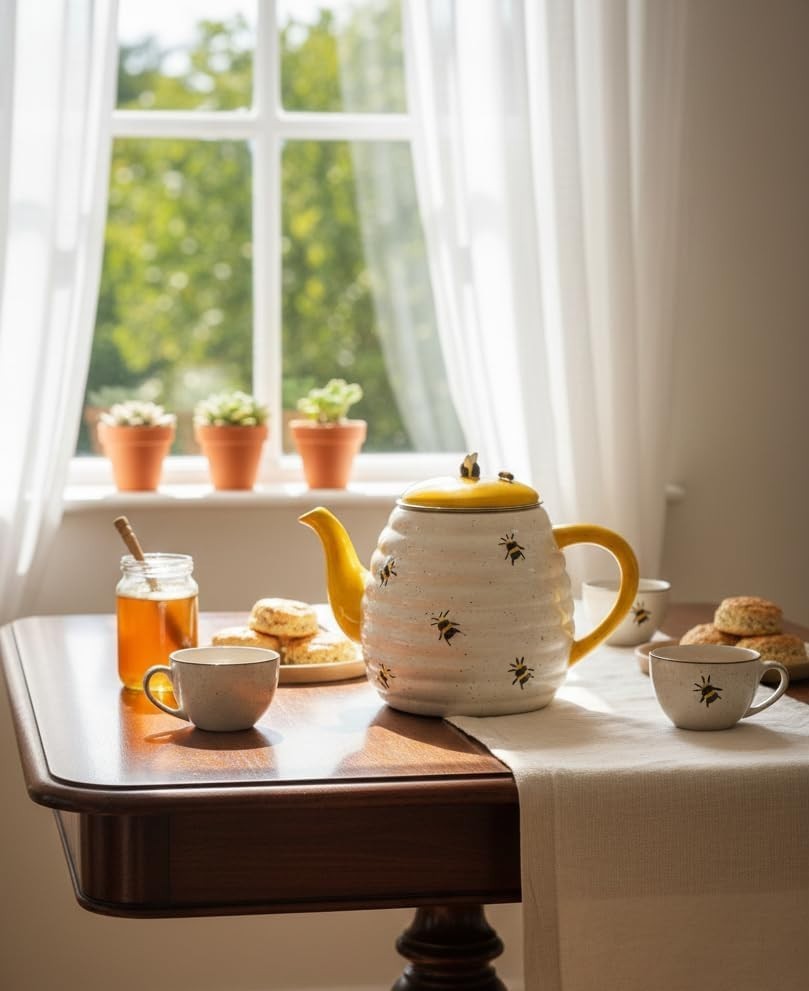 Ceramic Beehive Teapot Yellow White Farmhouse Tea Pot Kitchen Decor