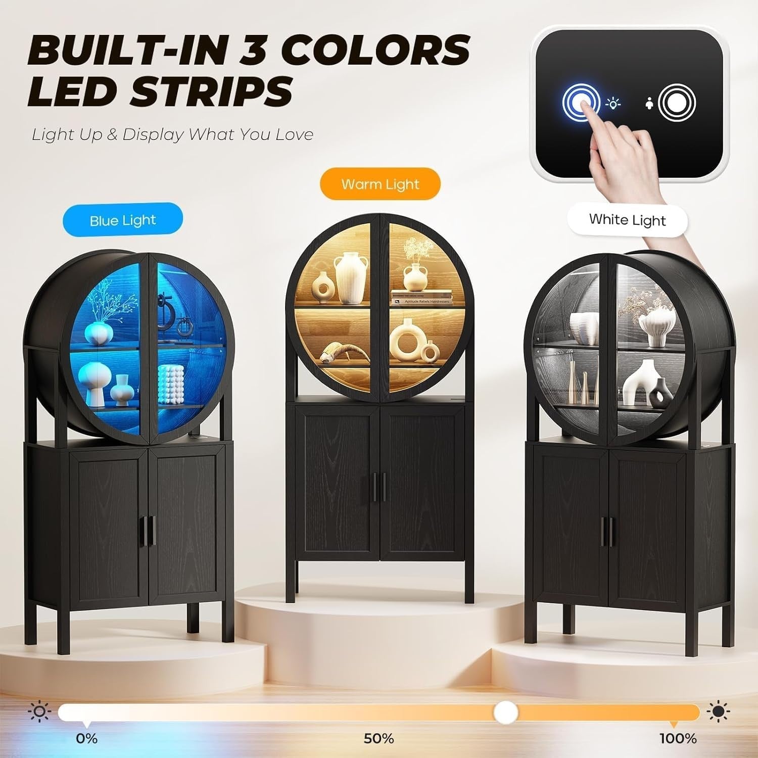 Round Wine Bar Cabinet with LED Lights, Tall Drinks Display Storage Unit, Black