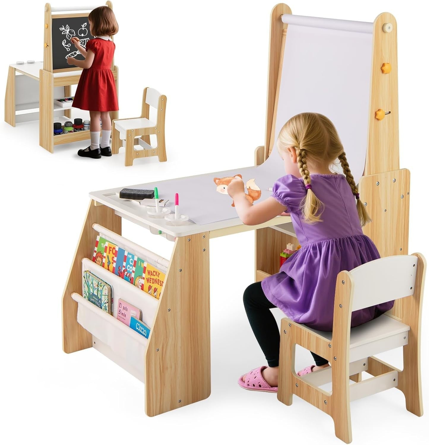 Kids Art Table & Chair Set with Double-Sided Easel, Paper Roll & Storage Shelves