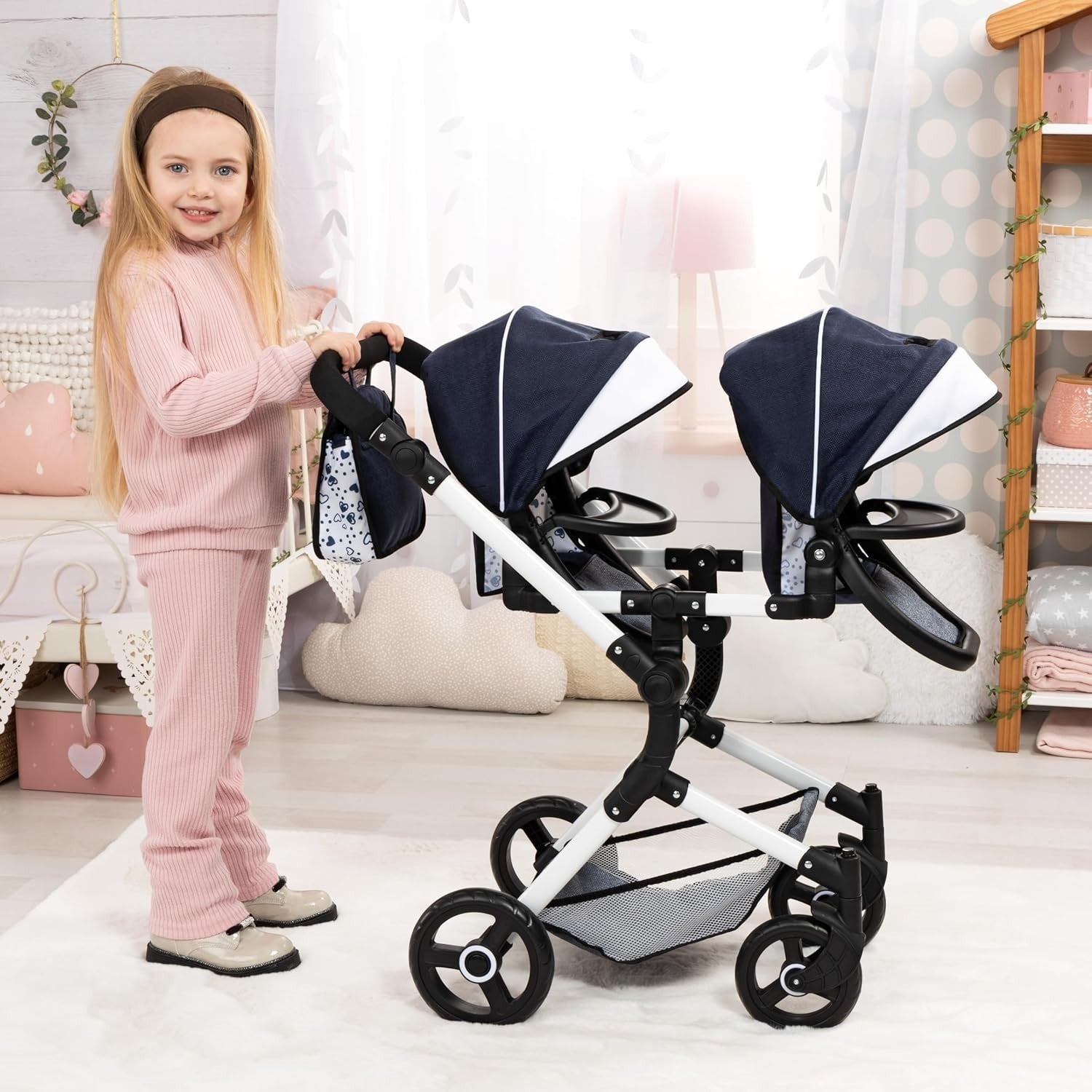 Twin Doll Pram Double Stroller Adjustable Reversible Handle Basket Bag