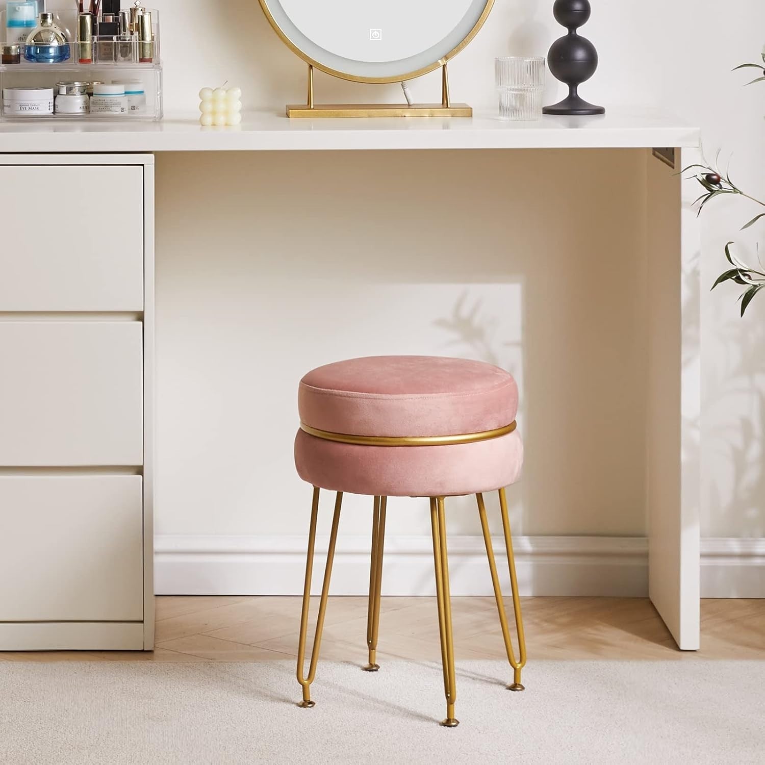 Pink Velvet Round Footstool Ottoman with Gold Legs – Modern Vanity Stool