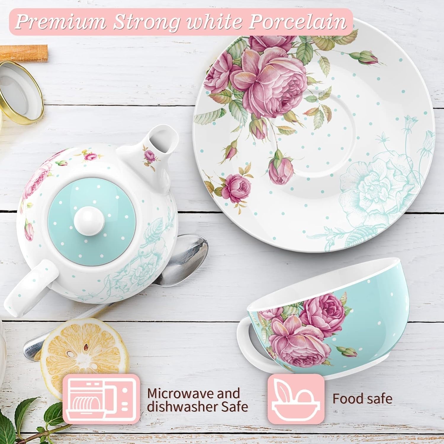 Tea for One Teapot Cup Saucer Set 350ml Vintage Floral Turquoise Gift