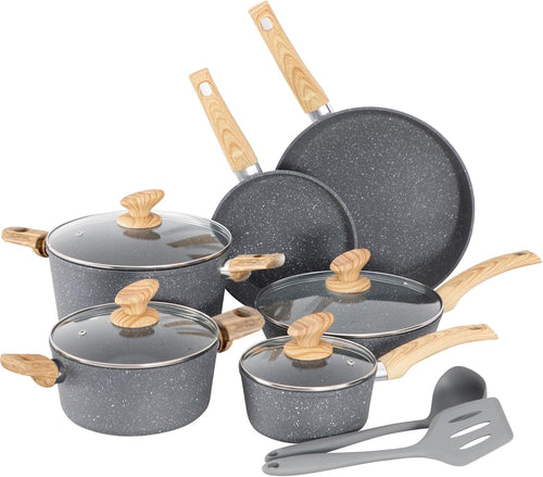 12pc Grey Non Stick Cookware Set Induction Ready Pots Pans with Lids & Utensils