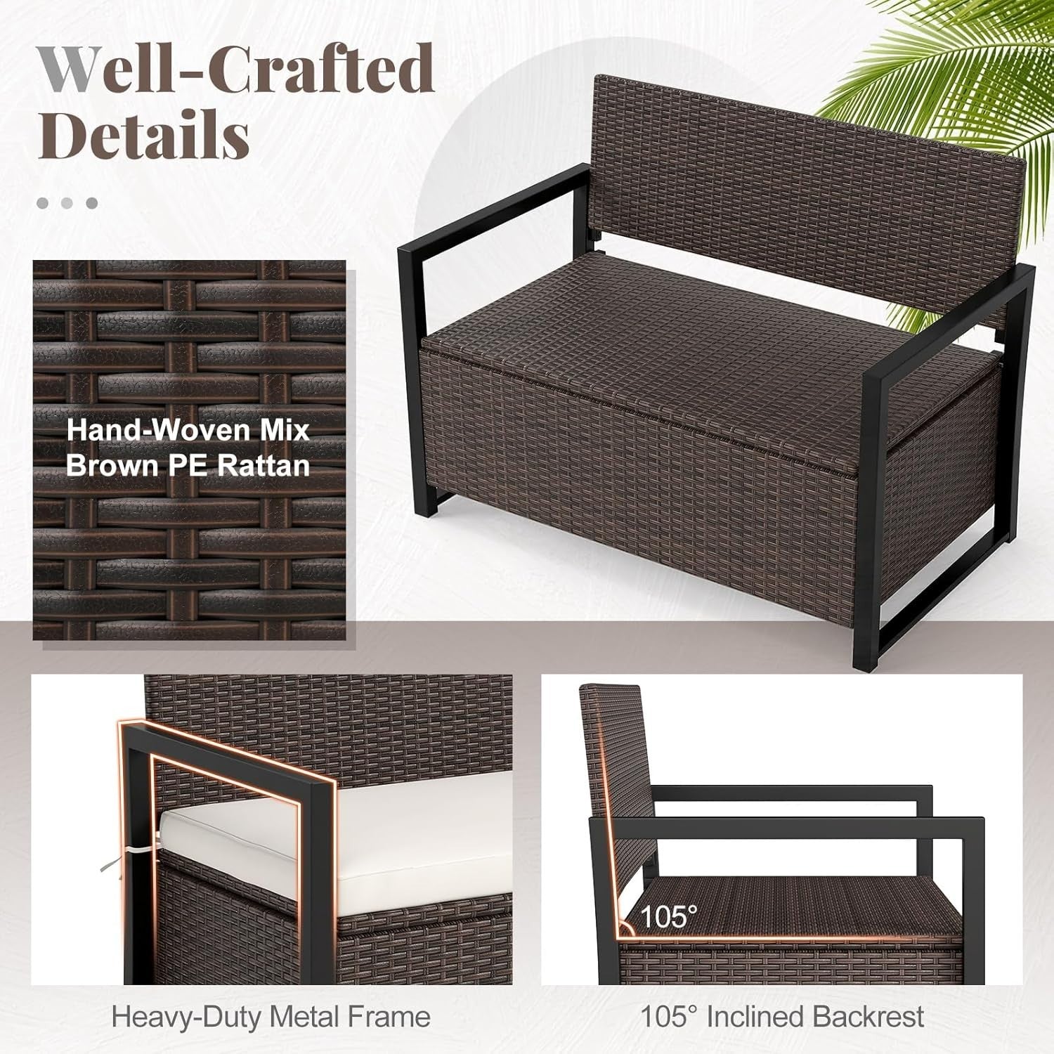 Outdoor 2-Seater PE Rattan Storage Bench with 150L Box & Padded Cushion