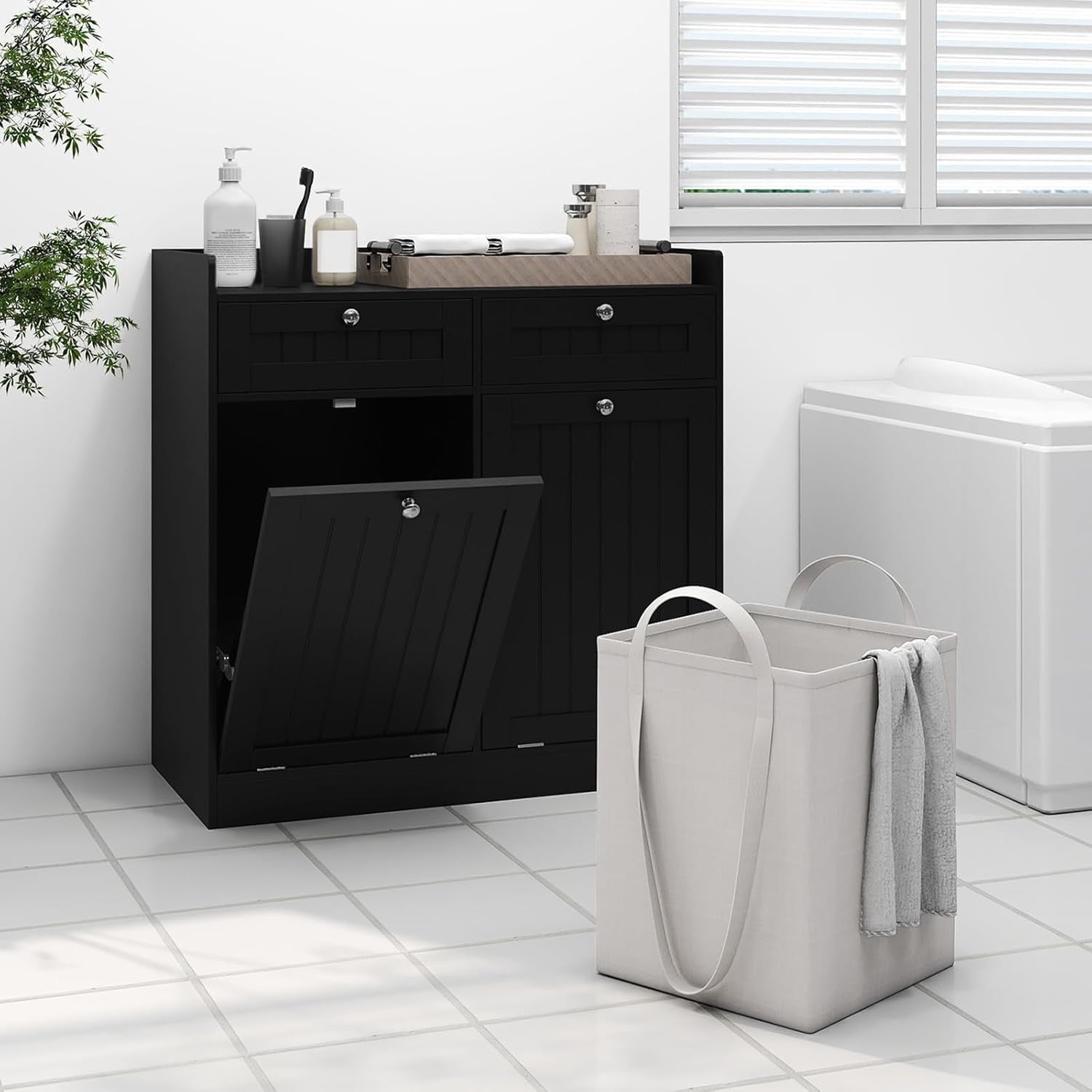 Black Tilt-Out Laundry Cabinet 2 Drawers 2 Hampers Modern Bathroom Storage Unit