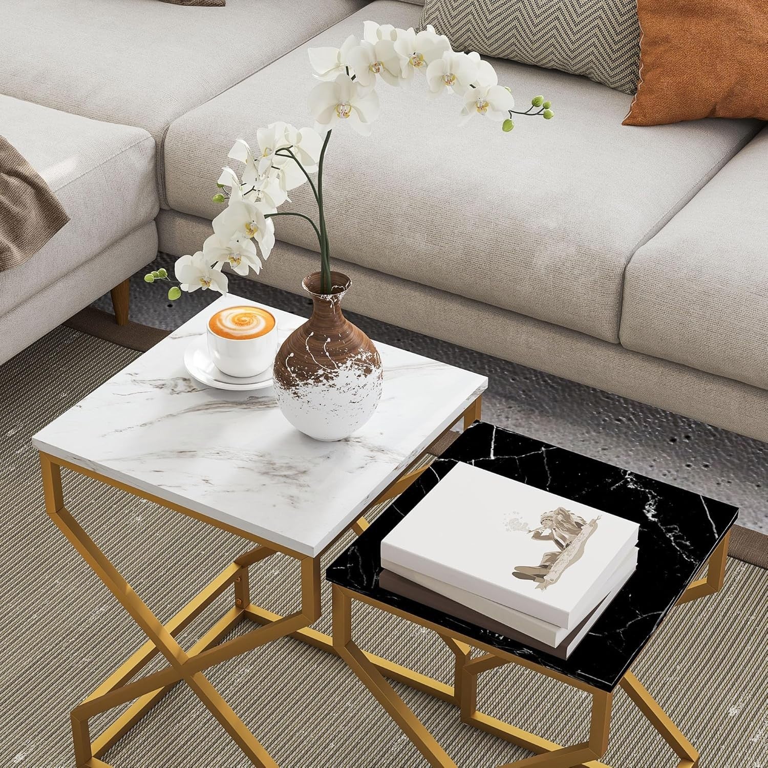 2-Piece Nesting Side Tables Set Black White Living Room End Coffee Bedside