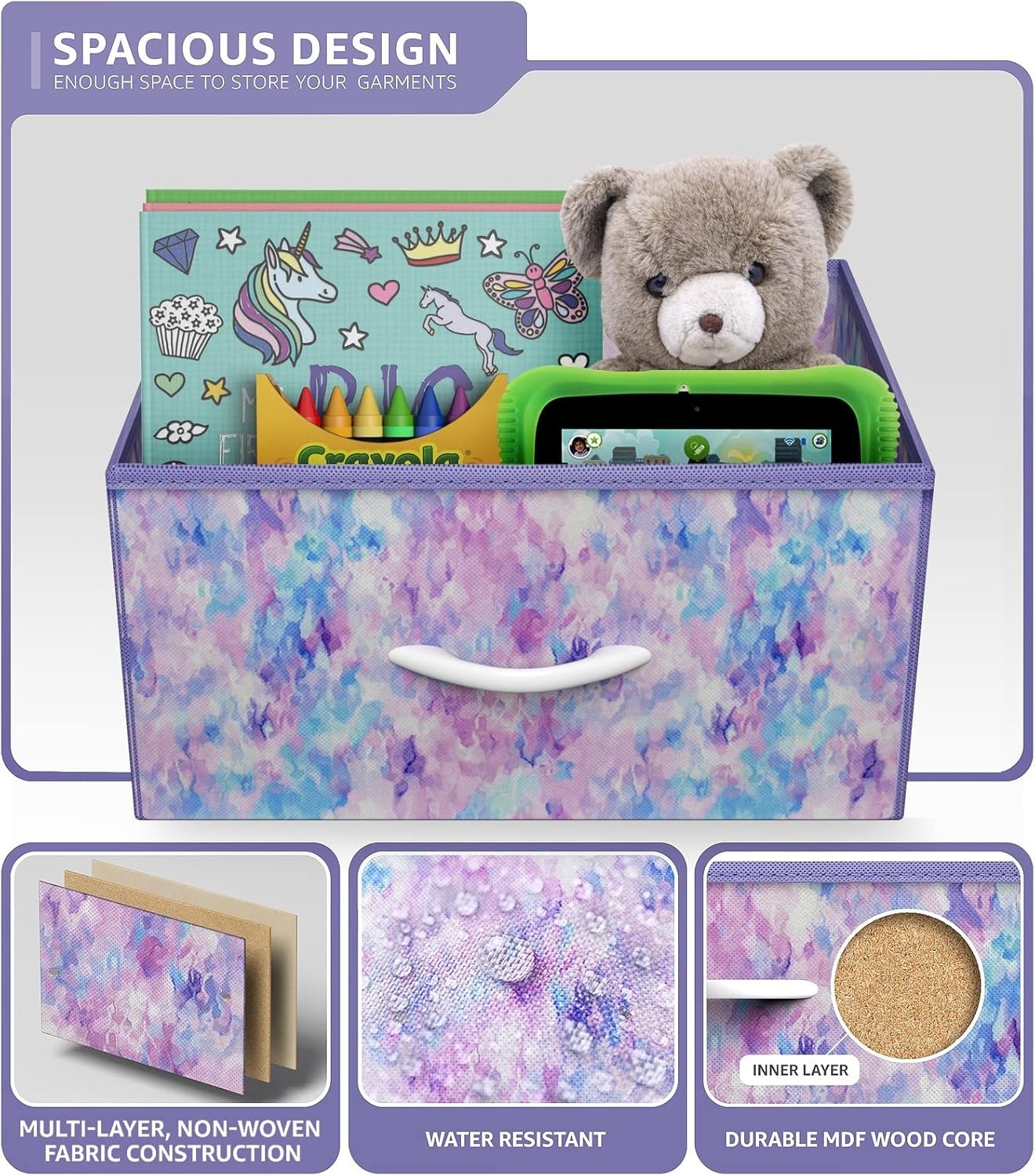 Kids 3-Drawer Storage Nightstand Fabric Dresser Chest w/ Wood Top Purple Tie-Dye