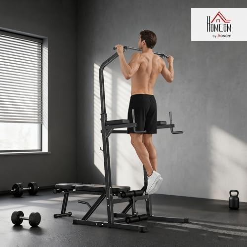 Black Multi-Function Pull Up Tower Dip Station Adjustable Home Gym