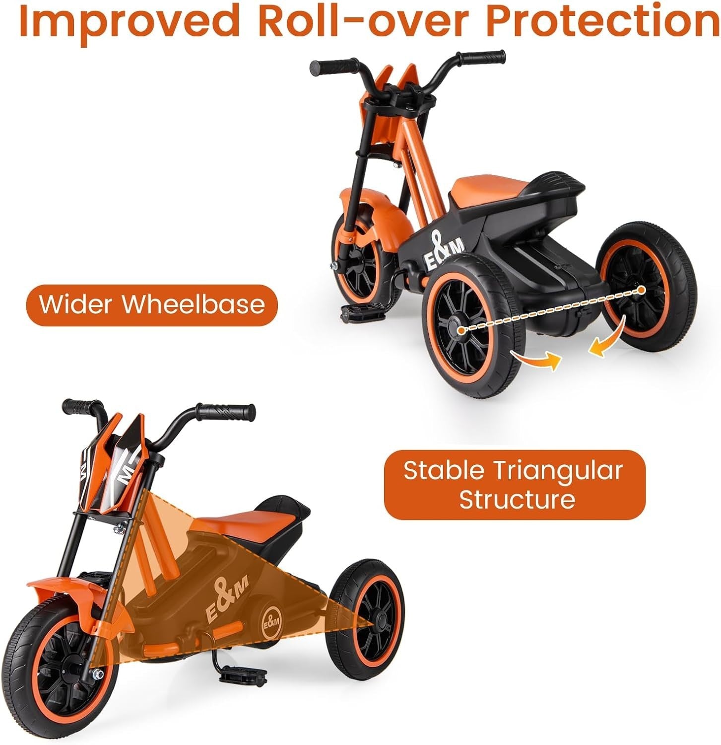 Kids Tricycle 3 Wheel Balance Bike Anti Slip Pedals Orange Age 3+