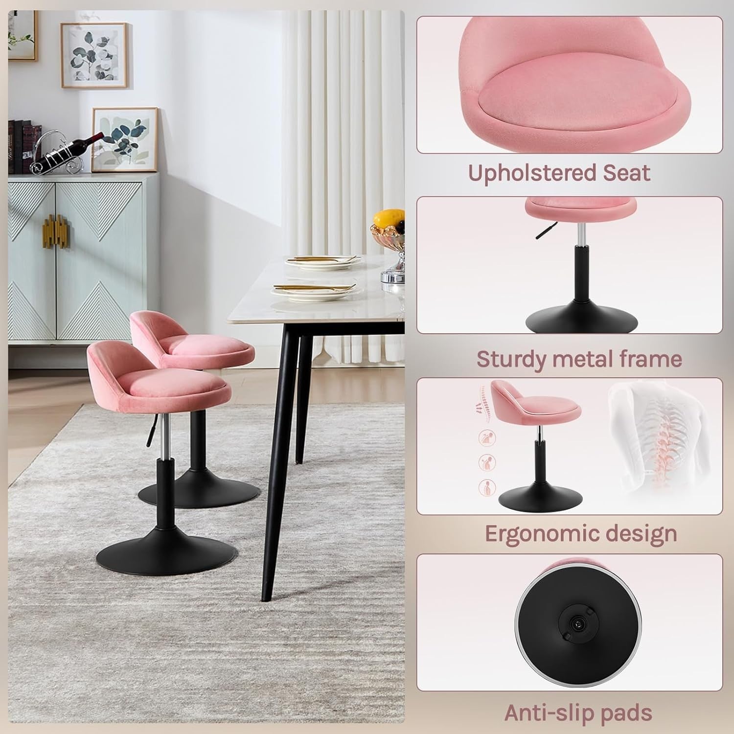 Pink Velvet Swivel Stool Height Adjustable Round Counter Chair Black Base