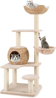 150cm Cat Tree Wicker Condo Hammock Sisal Scratching Tower Beige Indoor