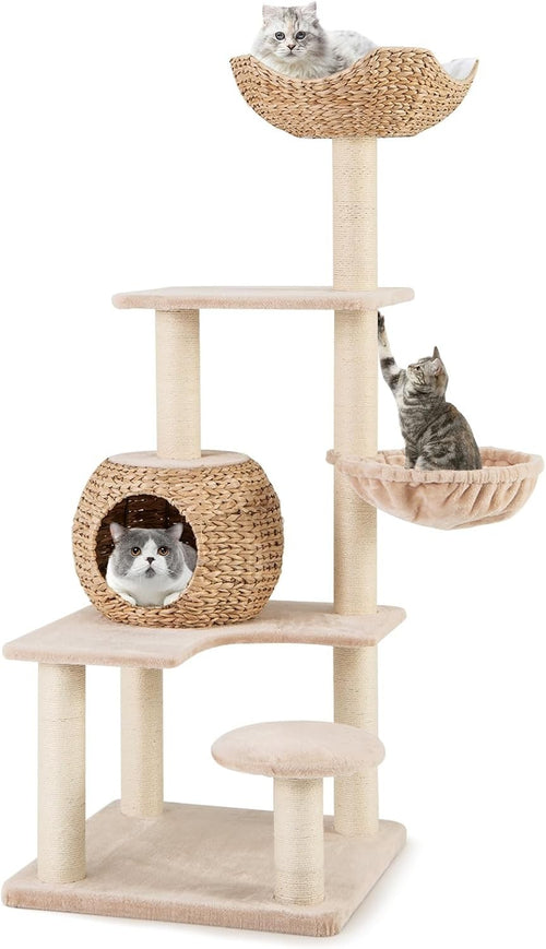 150cm Cat Tree Wicker Condo Hammock Sisal Scratching Tower Beige Indoor