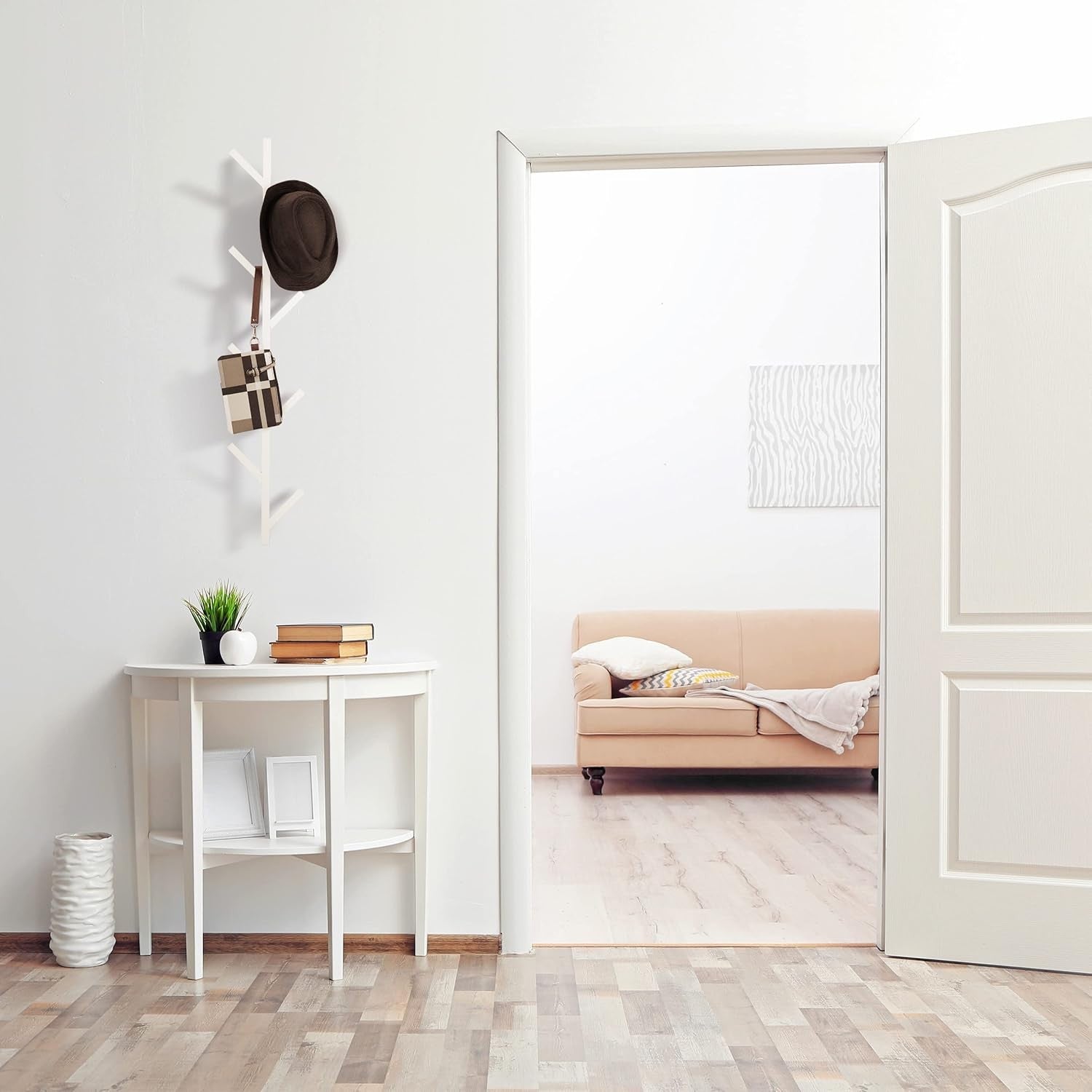 Tree Shaped Wall Mounted Coat Rack 8 Hooks White Metal Space Saving 100cm