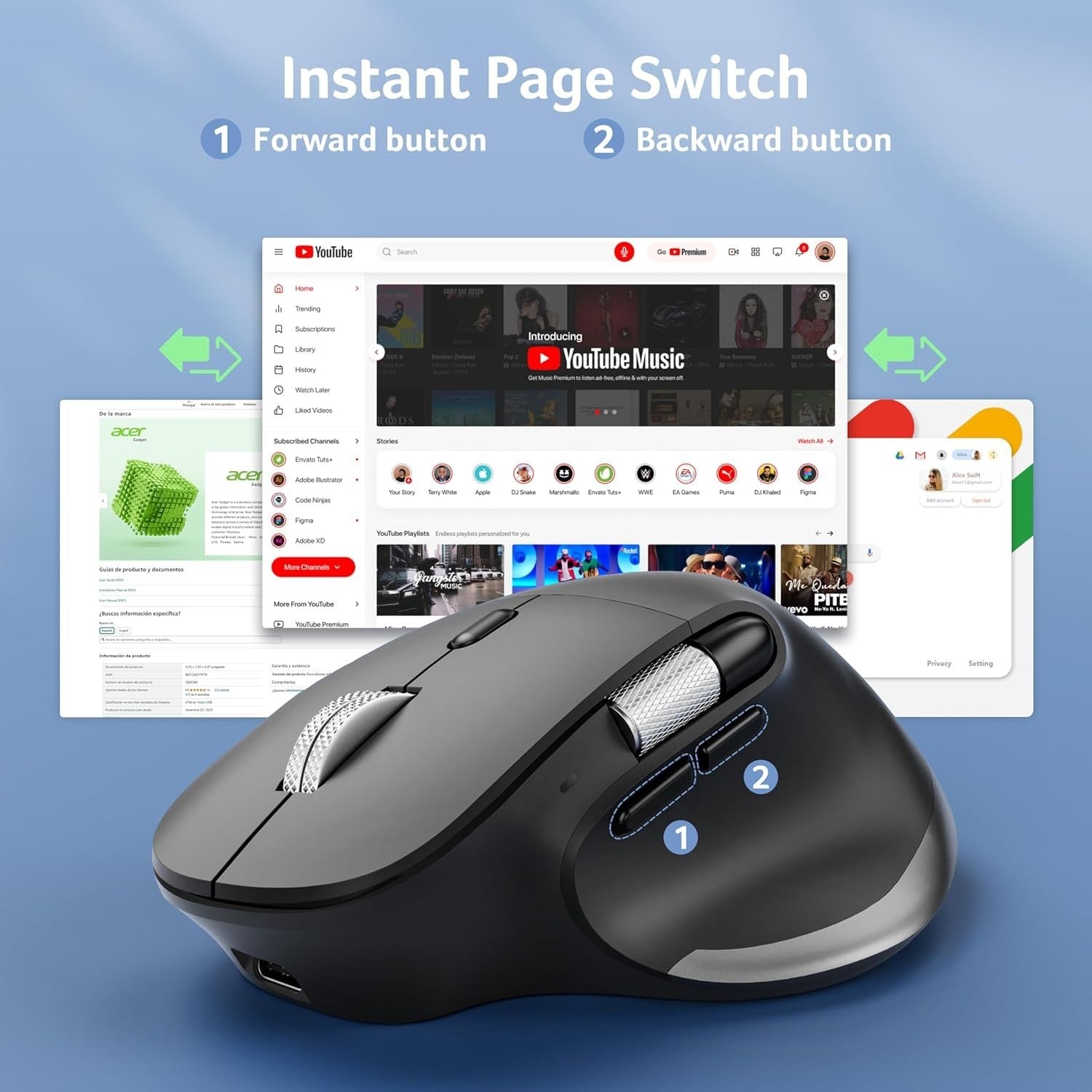 Ergonomic Wireless Mouse Side Scroll Bluetooth Dual Mode 4800 DPI Office