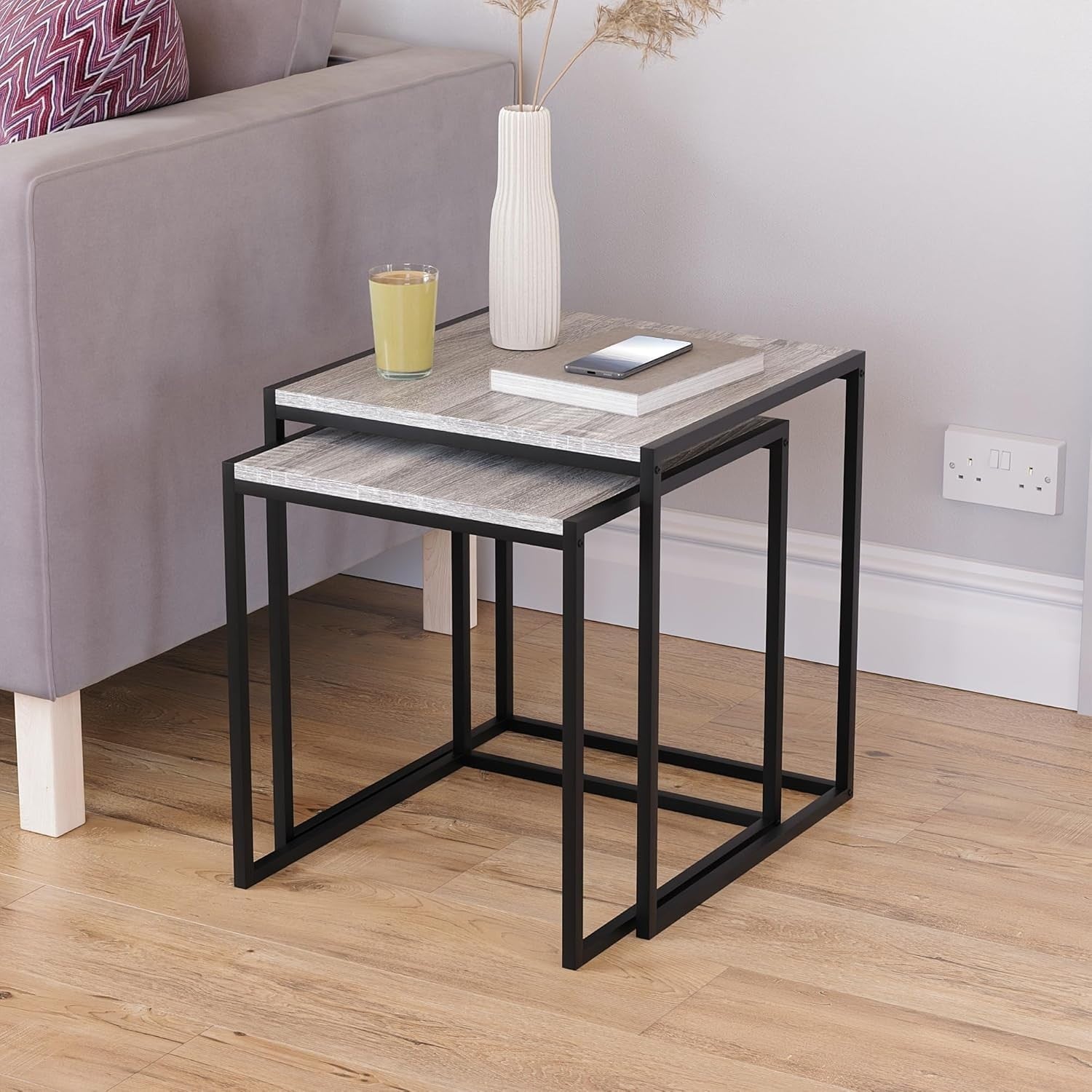 2x Grey Industrial Nesting Tables Set Metal Frame Engineered Wood Side End Coffe